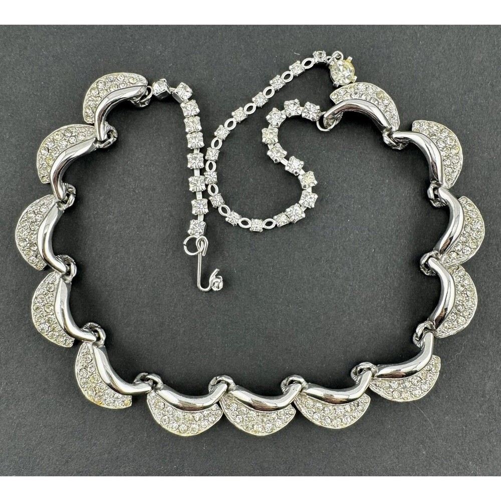 Hattie Carnegie Vintage Rhinestone Necklace Silver Tone Statement Collar